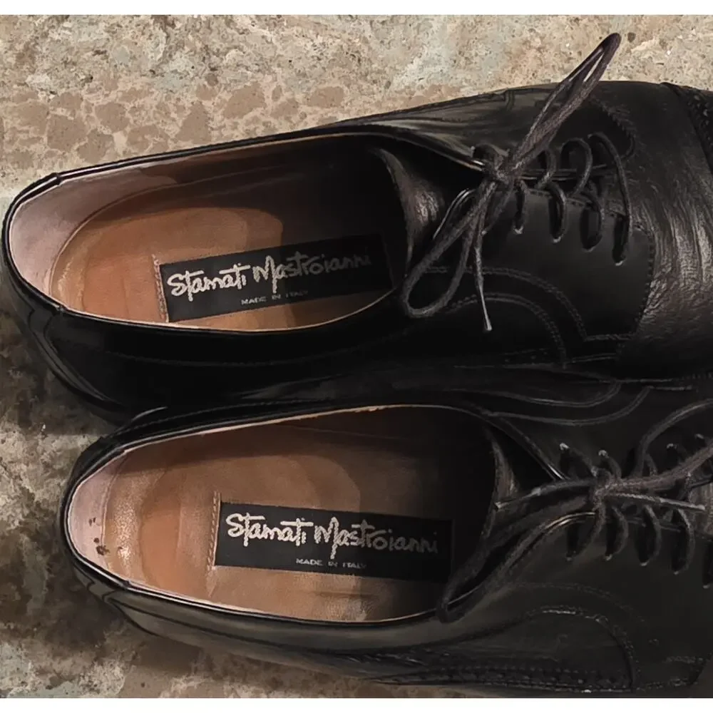Stamati Mastroianni Men’s Black Leather Cap Toe Oxford Bespoke Shoes Size 10.5 W